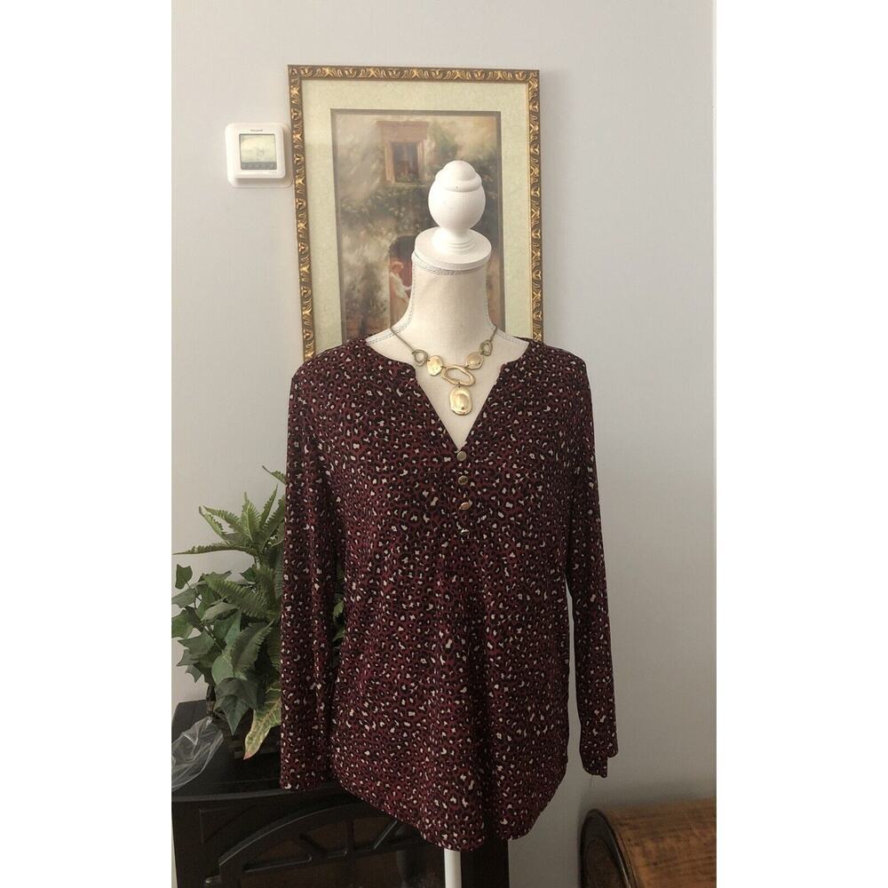 Anne Klein Women Red Long Sleeve Blouse Size Small V-neck Pullover Collarless